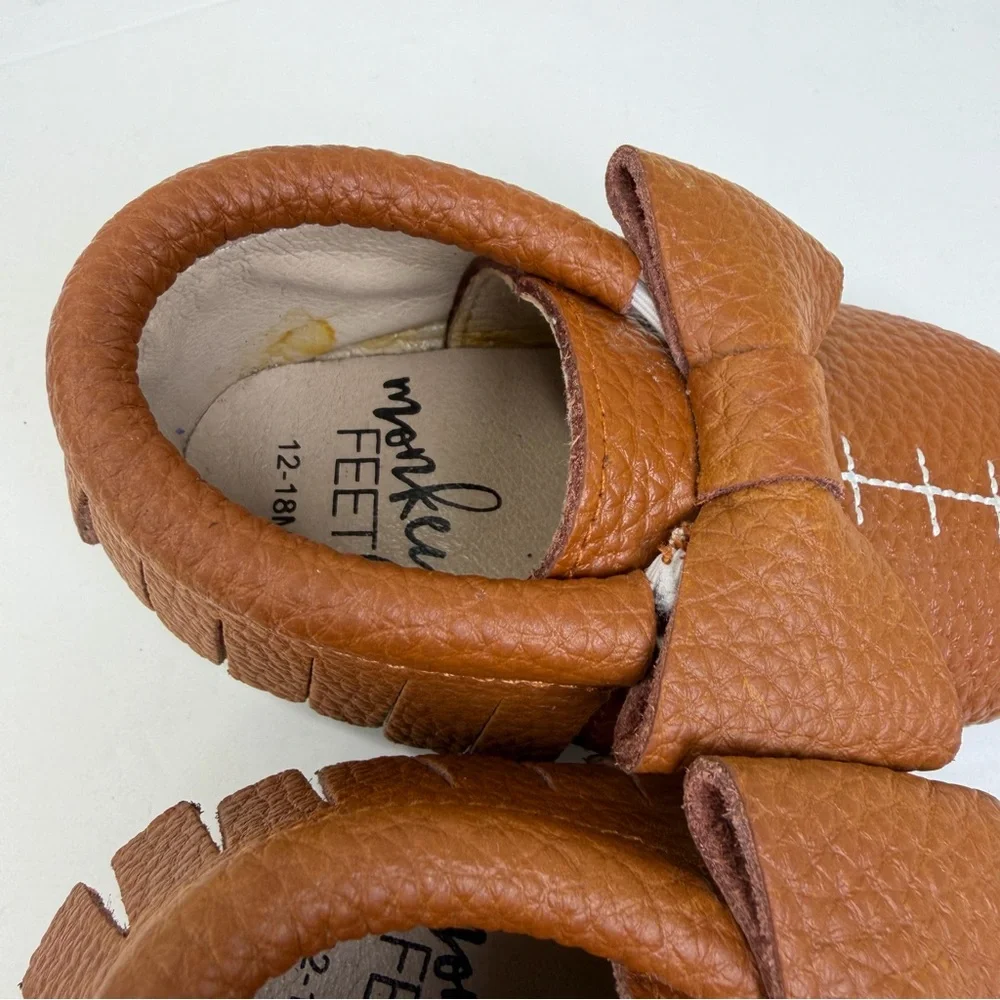 Monkey Feet Brown Baby Leather With Fringe and Bow Detail Slip-on Moccasin Shoes